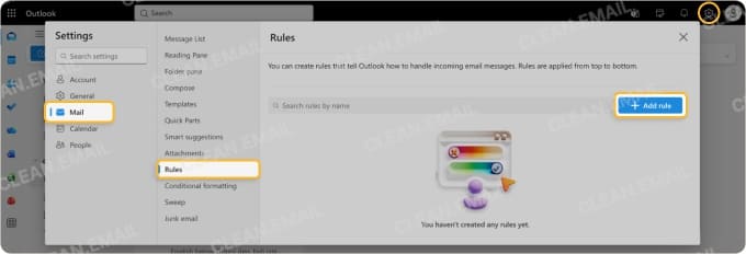 Outlook Rules settings with Add new rule option