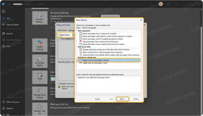 Classic Outlook rule setup for incoming messages