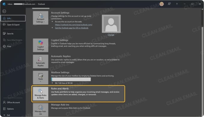 Classic Outlook Manage Rules & Alerts menu