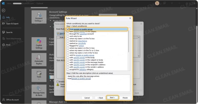 Classic Outlook rule condition for selecting a sender