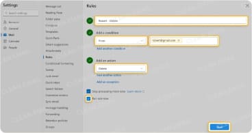 Outlook rule settings for deleting emails from a specific sender