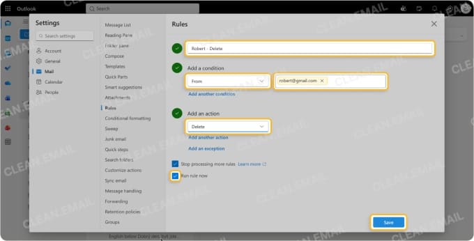 Outlook rule settings for deleting emails from a specific sender