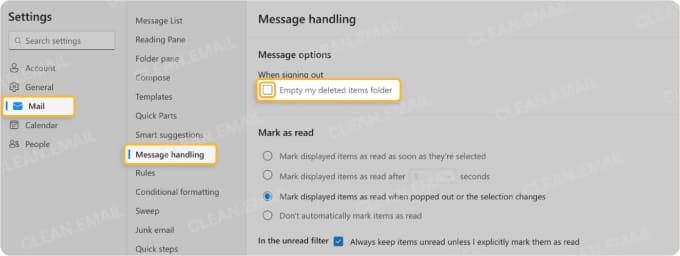 Outlook web setting to empty Deleted Items on sign-out