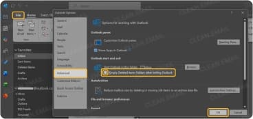 Classic Outlook setting to empty Deleted Items on exit