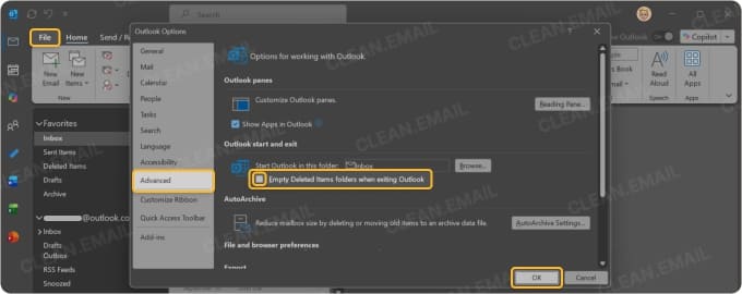 Classic Outlook setting to empty Deleted Items on exit