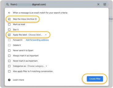 Click on Create filter to lớn finalize your settings