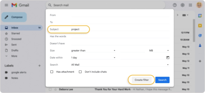 Select and edit a Gmail filter to refine its criteria