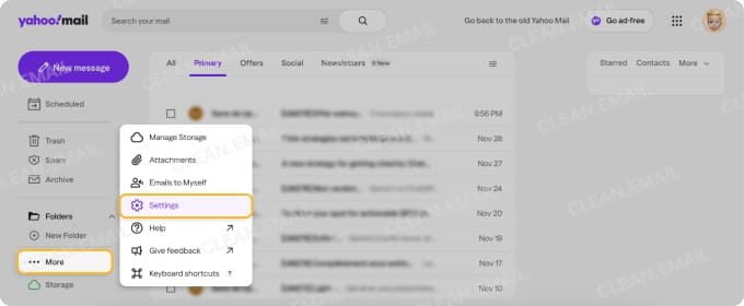 Sign in to Yahoo Mail and open More → Settings