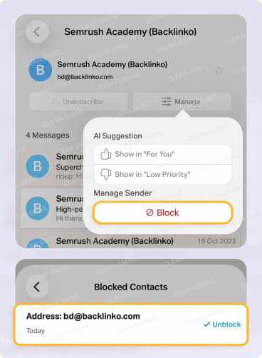 Block option for adding an email sender to the blocked list after unsubscribing