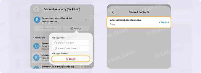 Block option for adding an email sender to the blocked list after unsubscribing
