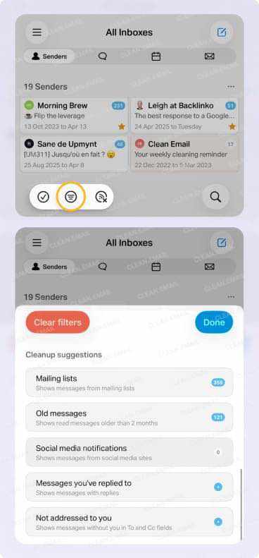 Predefined cleanup filters for reviewing mailing lists and old messages