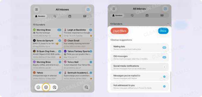 Predefined cleanup filters for reviewing mailing lists and old messages