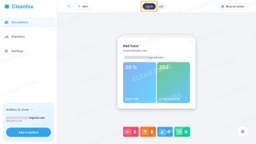 Cleanfox dashboard showing newsletter senders, email counts, and open rates