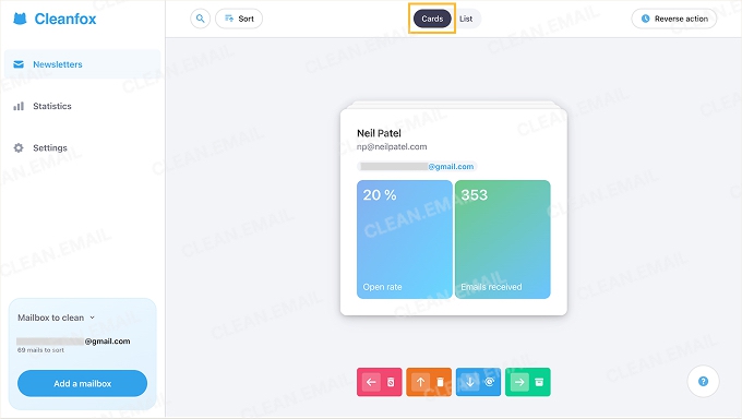 Cleanfox dashboard showing newsletter senders, email counts, and open rates