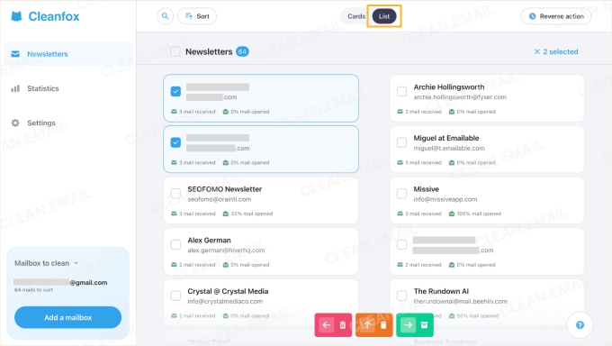 Cleanfox List view for selecting multiple newsletters and applying bulk actions