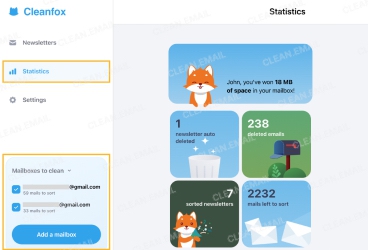 Cleanfox cleanup statistics showing deleted emails and newsletters set for automatic deletion