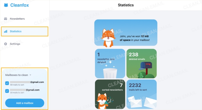 Cleanfox cleanup statistics showing deleted emails and newsletters set for automatic deletion
