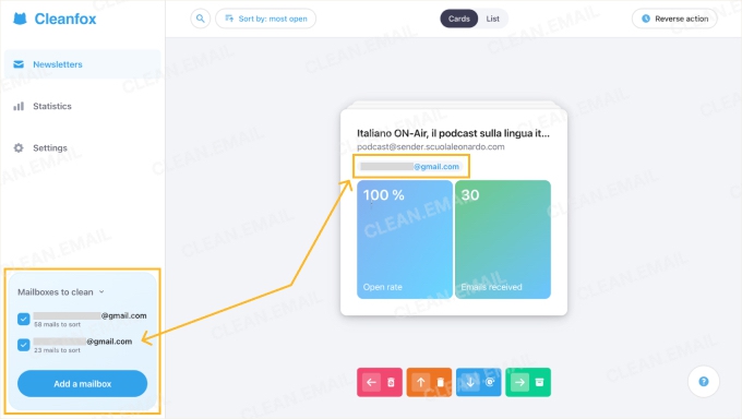 Cleanfox unified newsletter view showing multiple connected email accounts