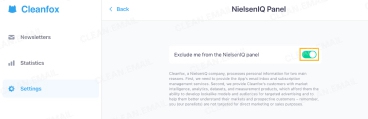 Cleanfox NielsenIQ Panel settings for disabling data sharing