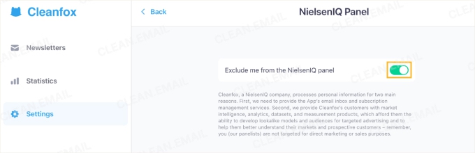Cleanfox NielsenIQ Panel settings for disabling data sharing