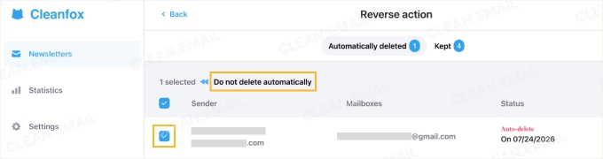 Cleanfox Reverse Action tab for undoing previous decisions