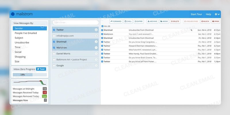 Mailstrom app organizing mail into bundles for deletion.