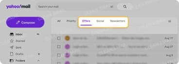 Yahoo Mail inbox with Offers, Social, Newsletters category tabs