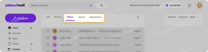 Yahoo Mail inbox with Offers, Social, Newsletters category tabs