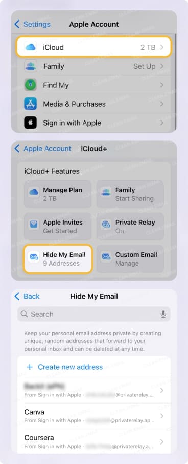 iCloud Mail interface on iOS with Hide My Email feature