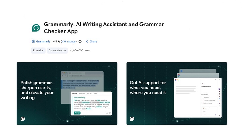 Grammarly tool for grammar and tone suggestions in Gmail