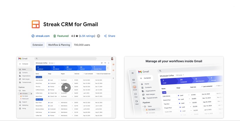 Streak CRM for Gmail with pipelines and contact tracking
