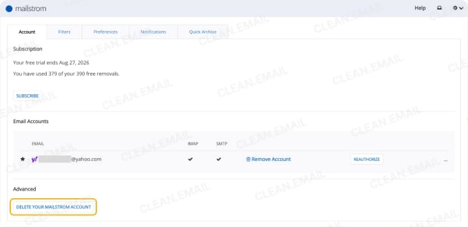 Mailstrom account settings with the option to delete your account