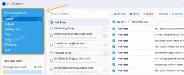 Email filtering options by size, sender, subject, date, and predefined categories