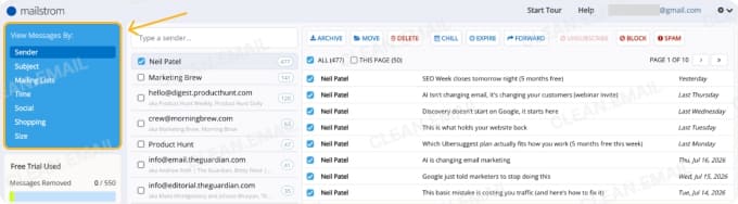 Email filtering options by size, sender, subject, date, and predefined categories