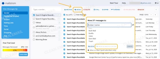 Custom email filters that automatically move incoming messages to selected folders