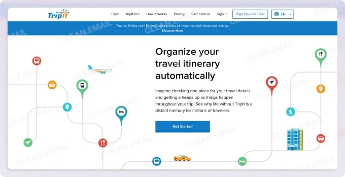 TripIt travel organizer for managing itineraries, boarding passes, and hotel bookings