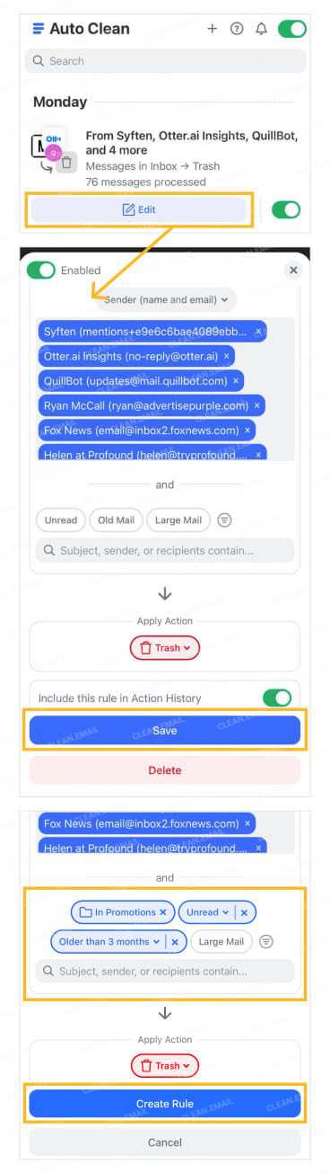 Clean Email Auto Clean dashboard for managing email rules