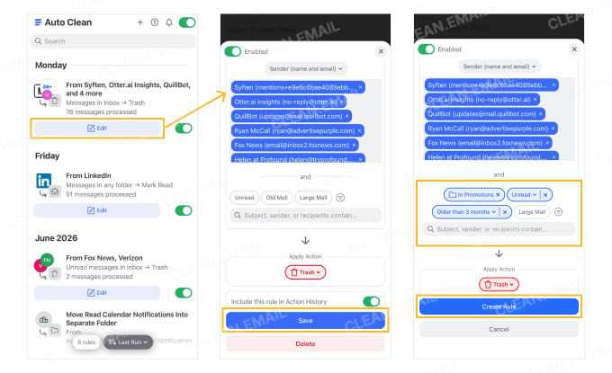 Clean Email Auto Clean dashboard for managing email rules