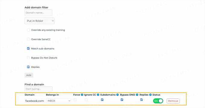 SaneBox automation rules for organizing emails by domain and subject