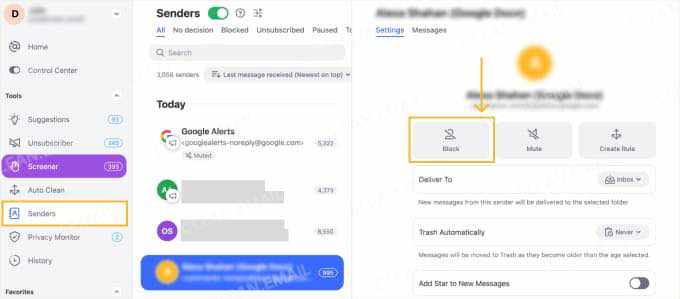 Clean Email Block by Sender feature for blocking email senders