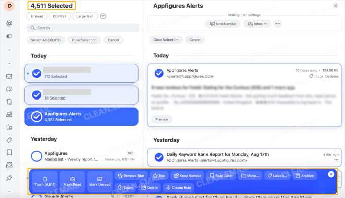 Clean Email bulk cleanup with grouped messages and multiple actions