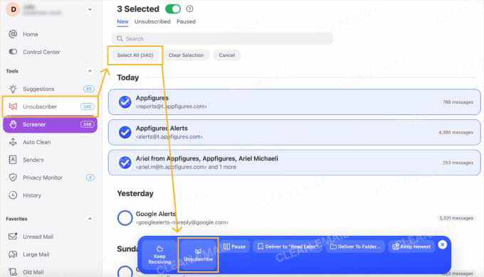 Clean Email bulk unsubscribe with Select All for multiple subscriptions