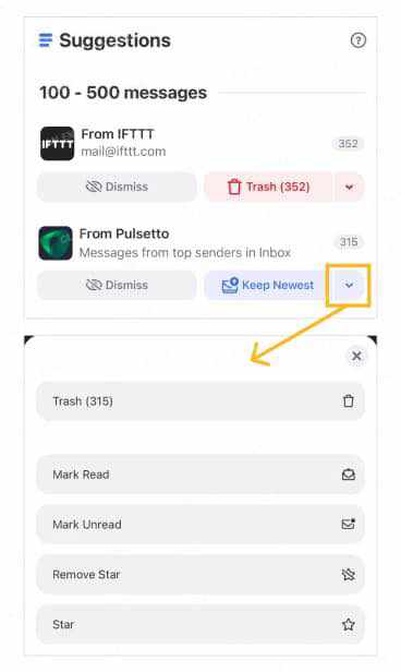 Clean Email Cleaning Suggestions showing frequent email groups by message count
