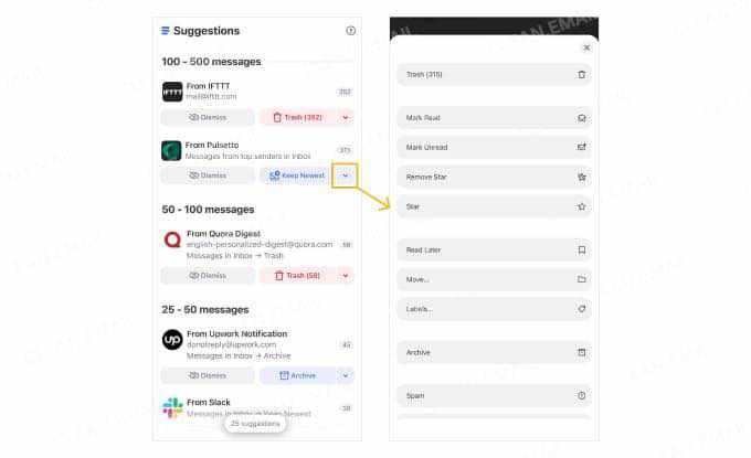 Clean Email Cleaning Suggestions showing frequent email groups by message count