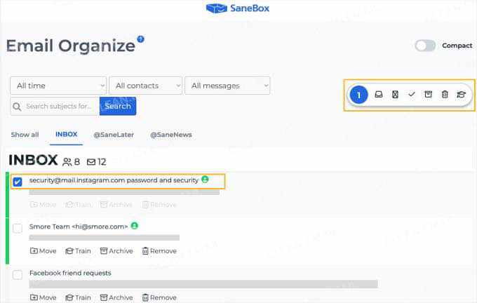 SaneBox tools for sorting, archiving, and cleaning up emails
