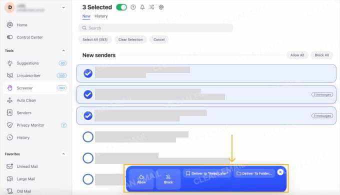 Clean Email Screener tab with allow, block, and unsubscribe options