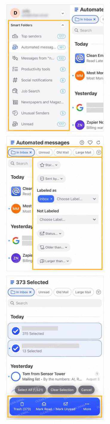 Clean Email Smart Folders for grouping similar messages and bulk management