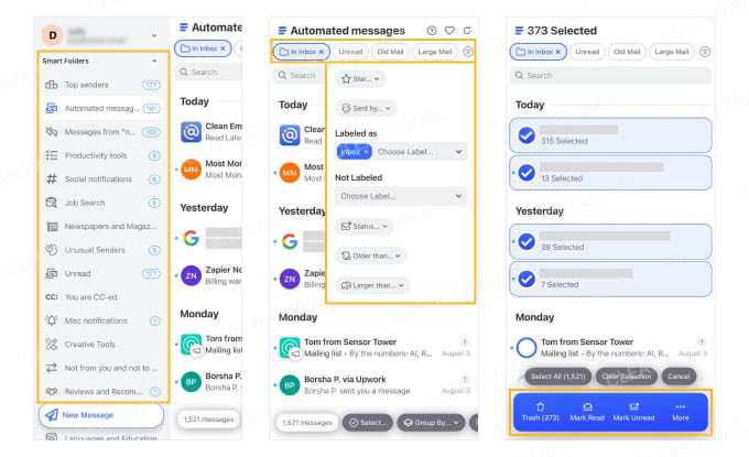 Clean Email Smart Folders for grouping similar messages and bulk management