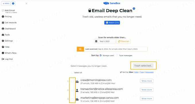 Deep Clean finds old, large, and high-volume emails for bulk deletion