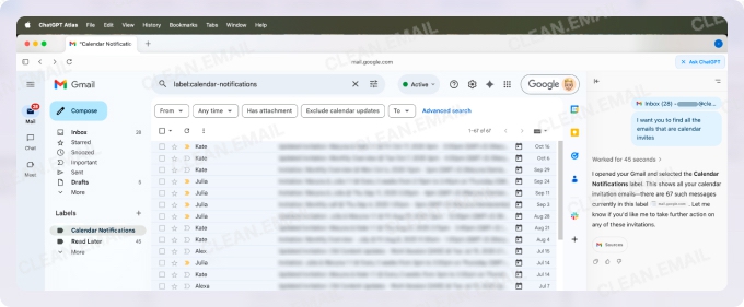 Search for emails using the Atlas browser